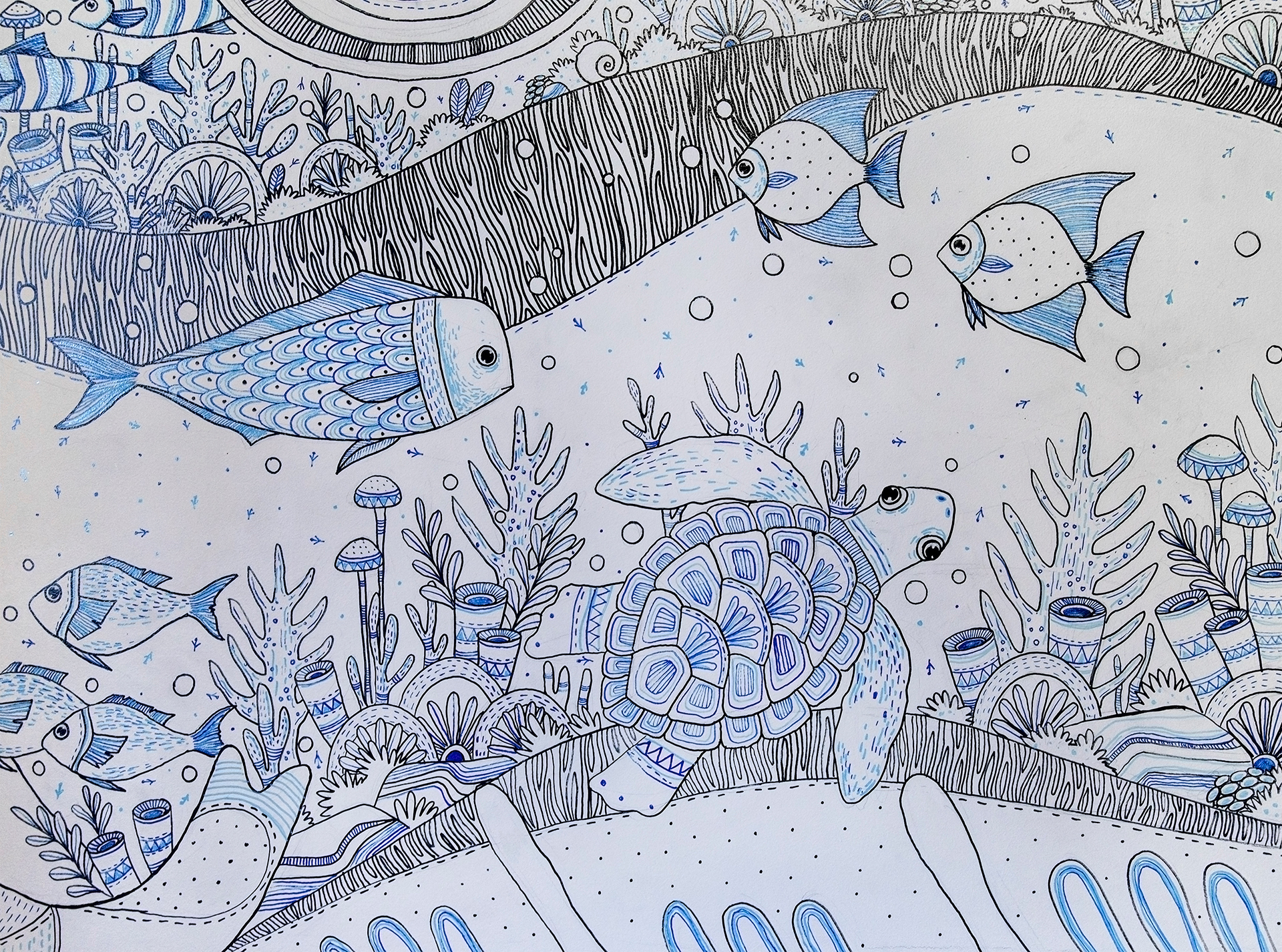 wallmural doodle elephant Indigo blue aqua marine fish pattern Turtle (2).jpg