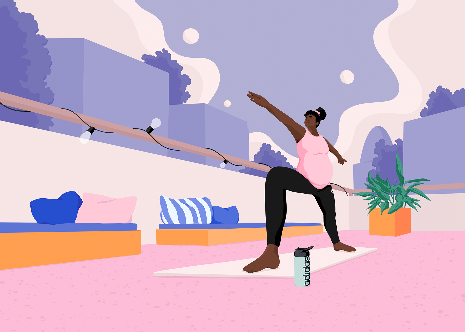 A young pregnant black woman who does yoga on a rooftop..png
