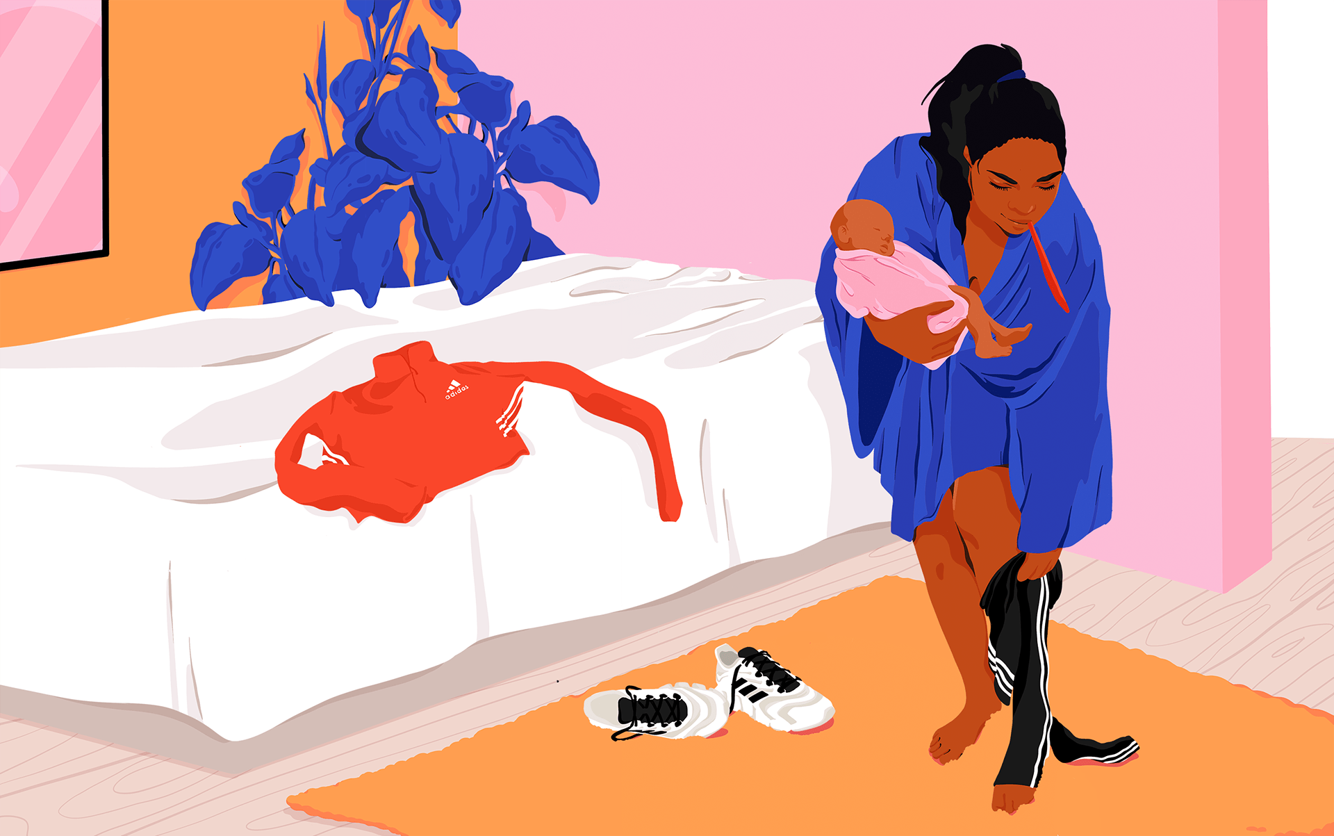 A young mother is getting dressed. She has her baby in her arms..png