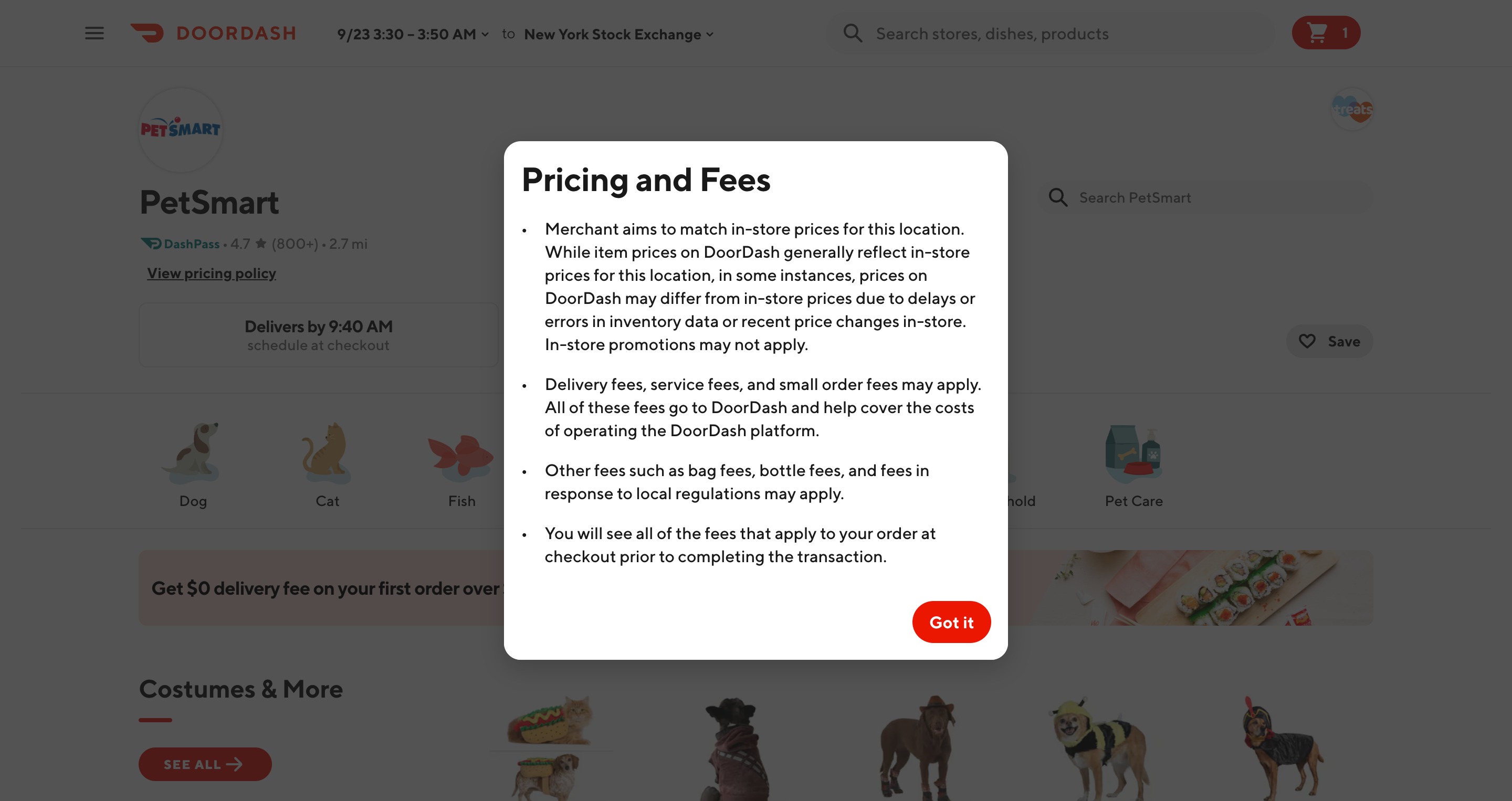 PetSmart 门店页费用说明弹窗