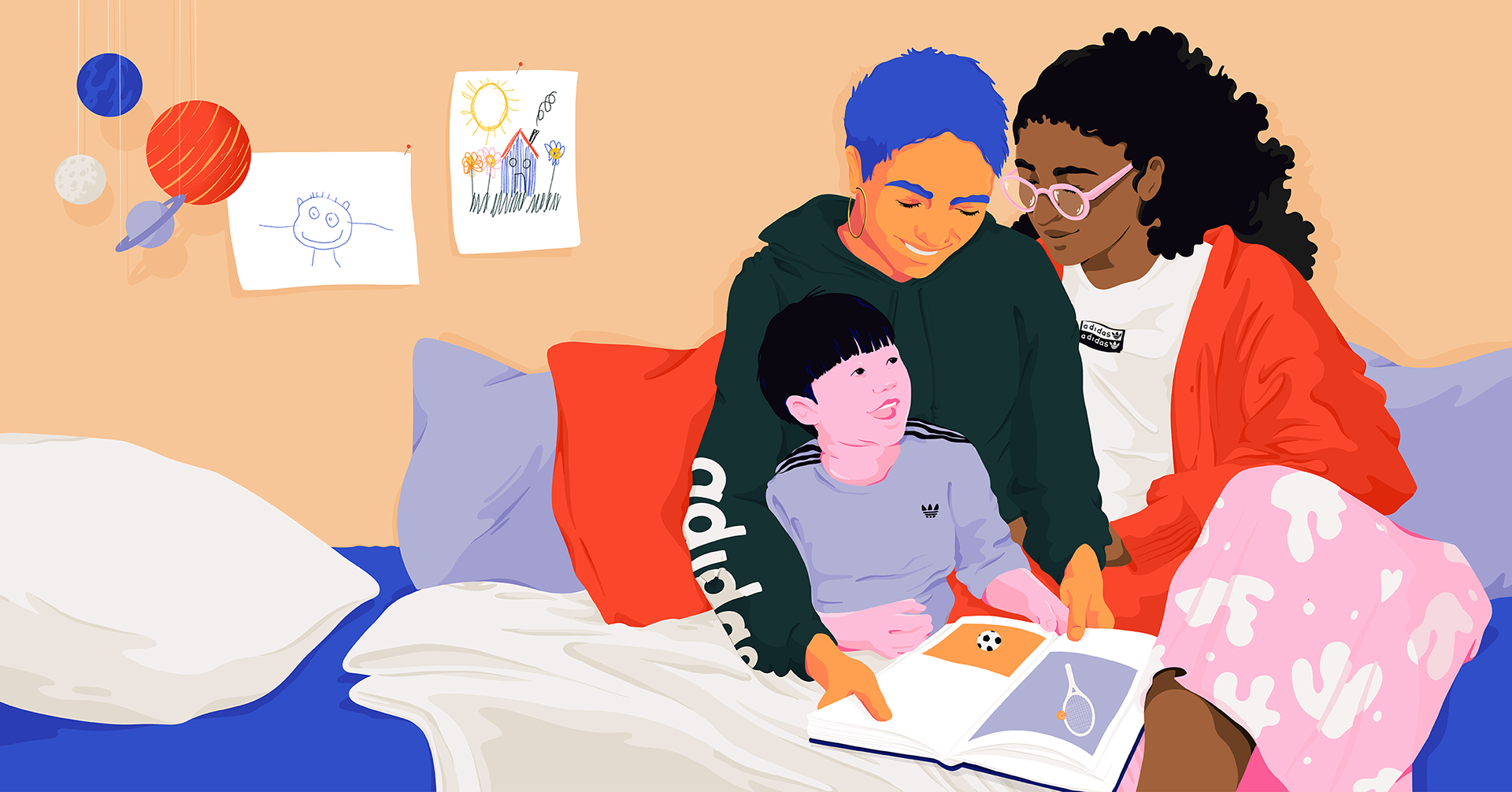 two mums sitting on the bed of their child with a picture book in thei.png