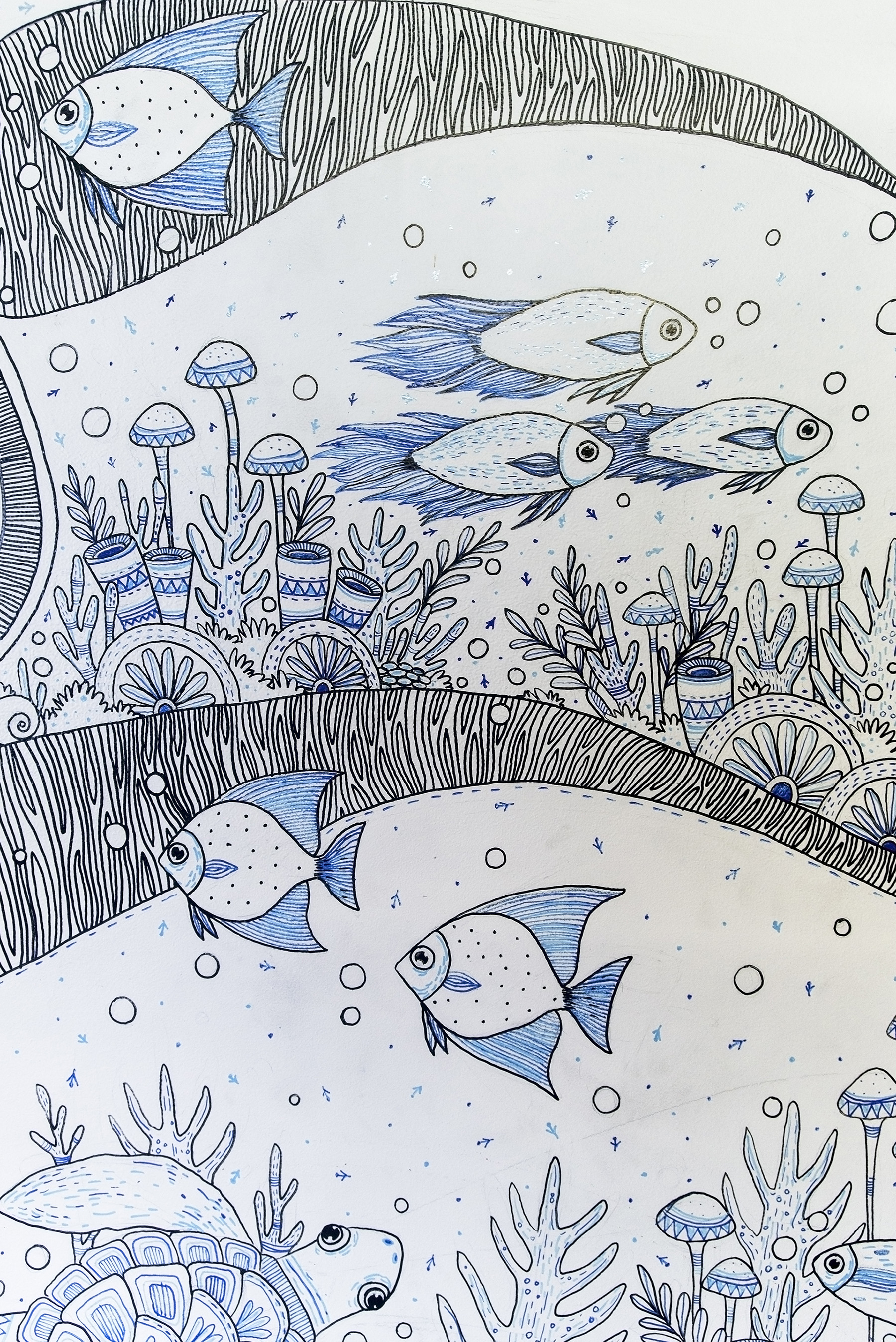 wallmural doodle elephant Indigo blue aqua marine fish pattern Turtle (3).jpg