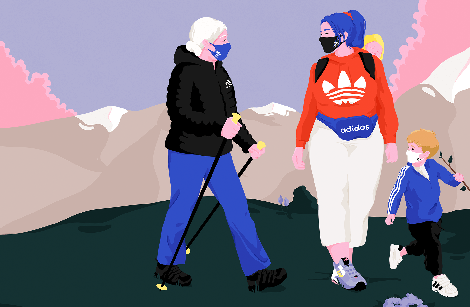 A mother is hiking with her daughter and her grandchild. They are in t.png
