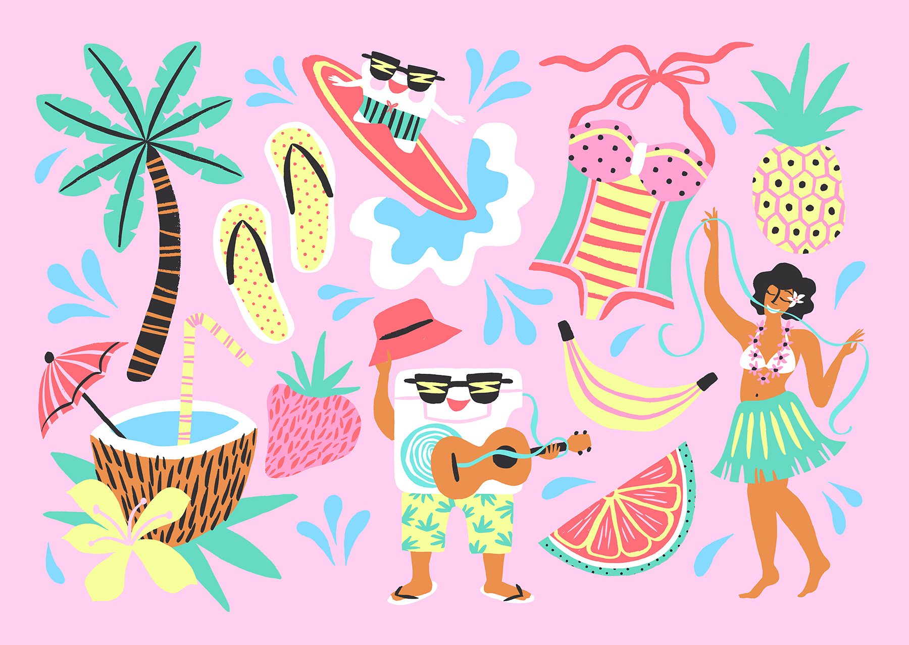 Tropical exotic Palm Trees cocktail pink Hula girl Island HAWAII tooth.jpg