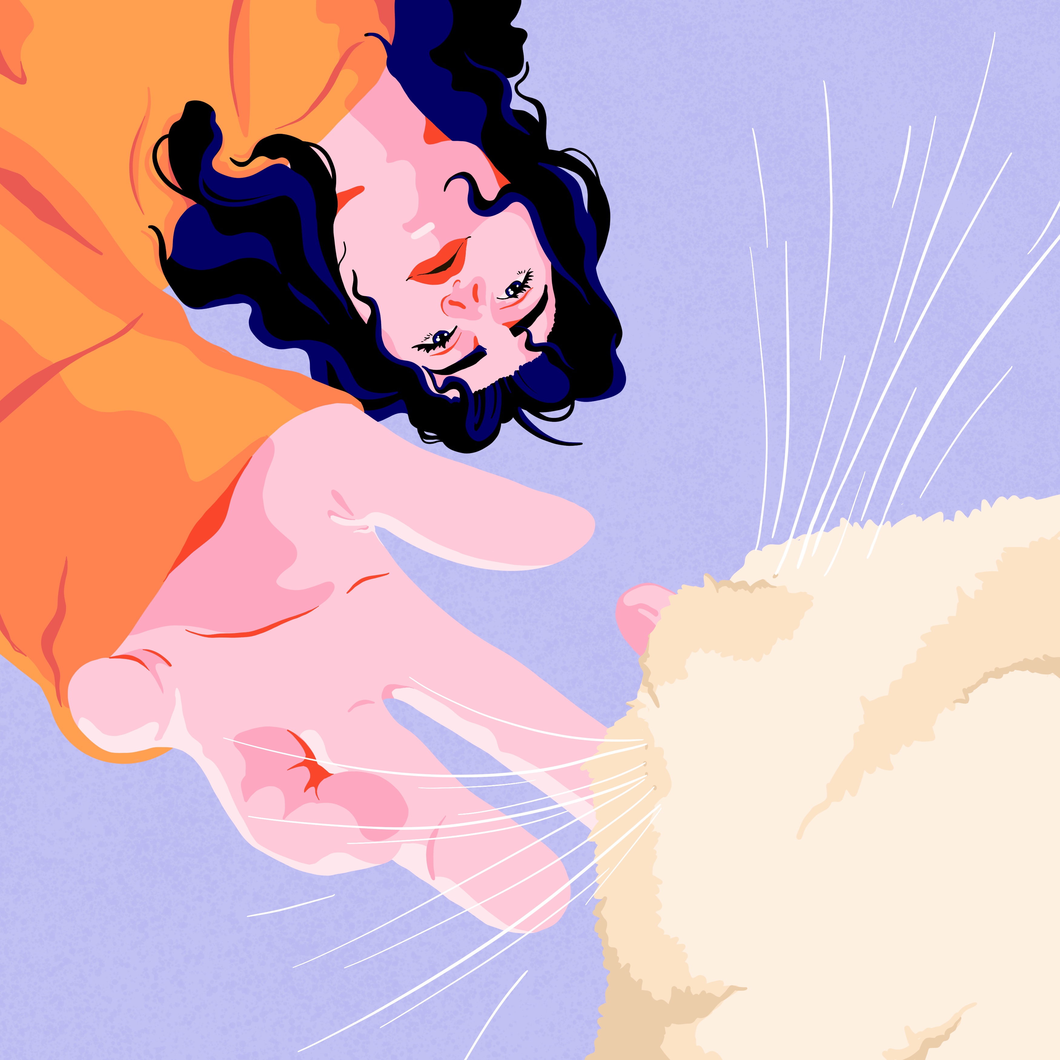 A woman bending down to pet a cat. The cat is looking up to the woman..jpg