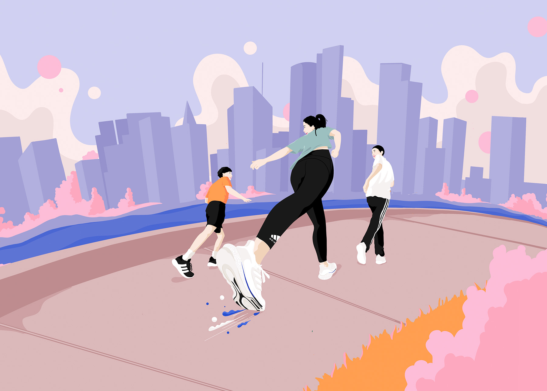 A mom who is running with her two children. There is a skyline in the.jpg