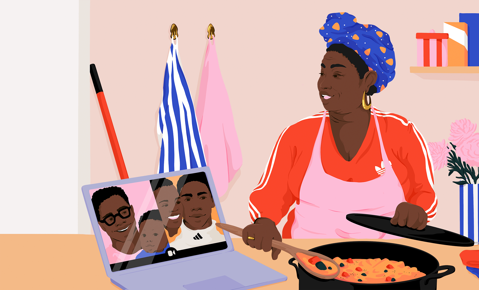 A mother is cooking while she is face timing with her family..png