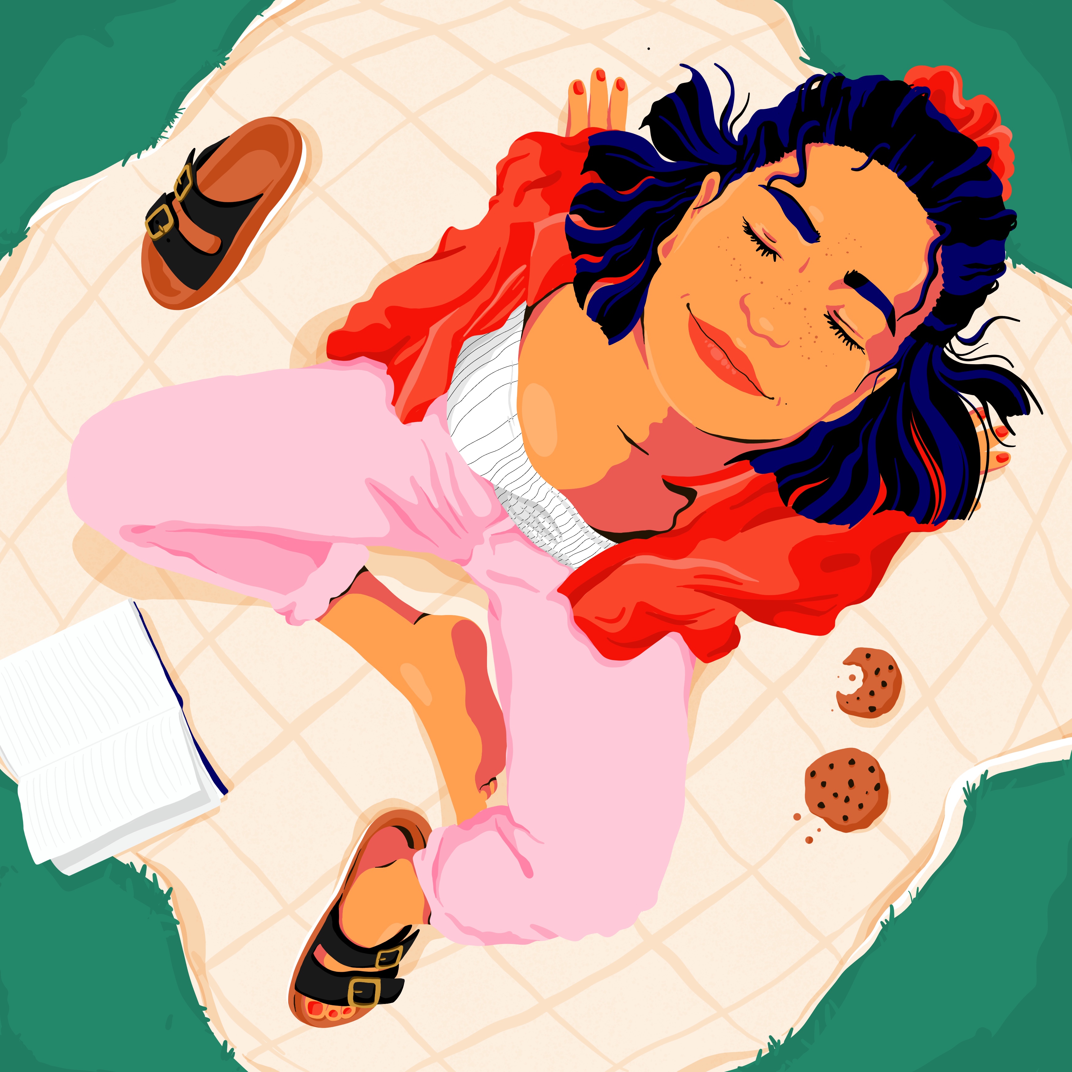A woman sitting on a blanket turning her face towards the sun..jpg
